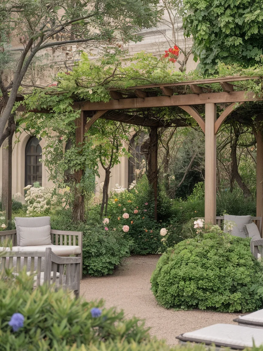 A serene pergola surrounded by flowering plants, creating a relaxing garden space.