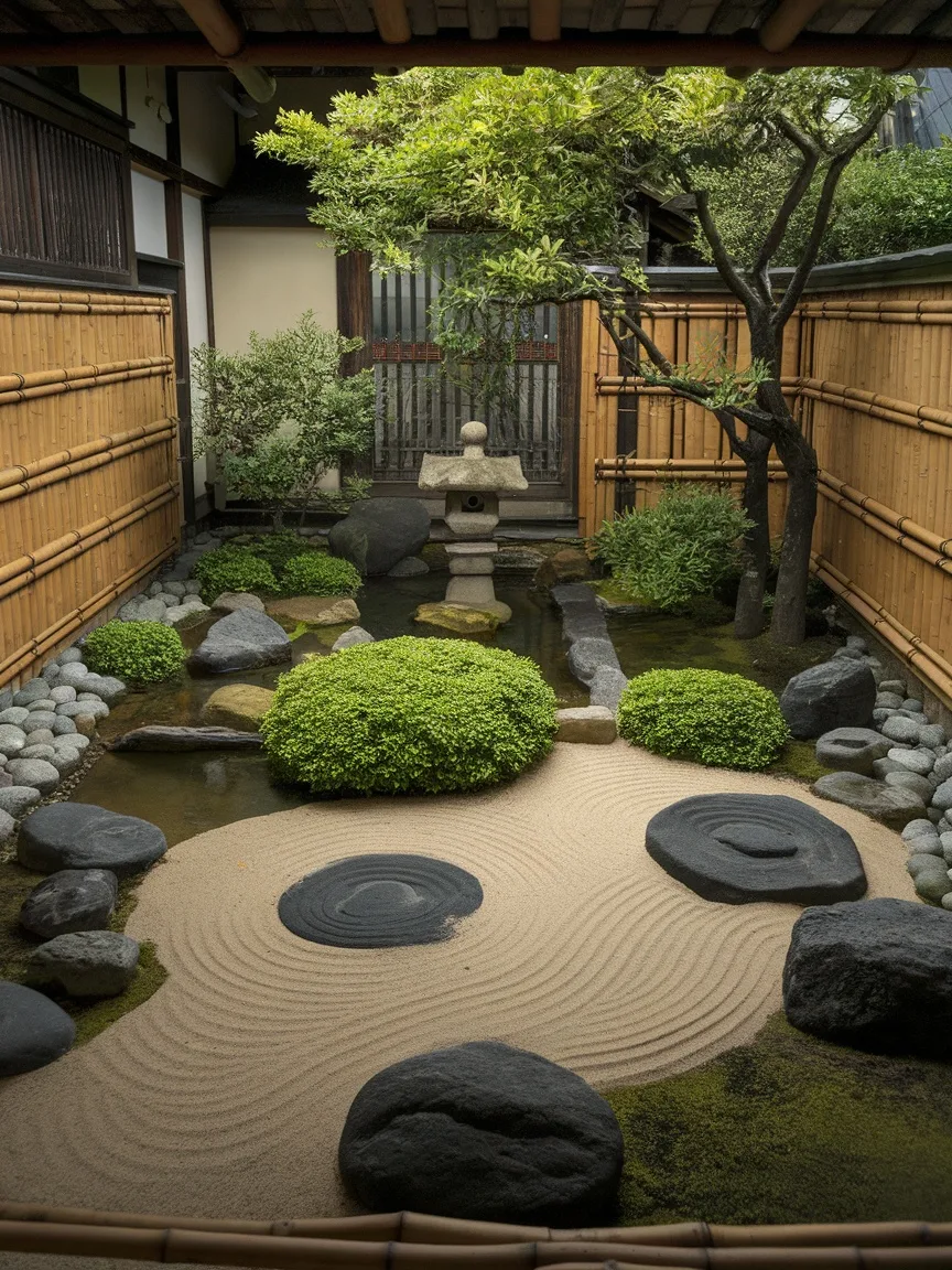 A serene Japanese-style meditation garden featuring smooth stones, raked sand, and lush greenery.