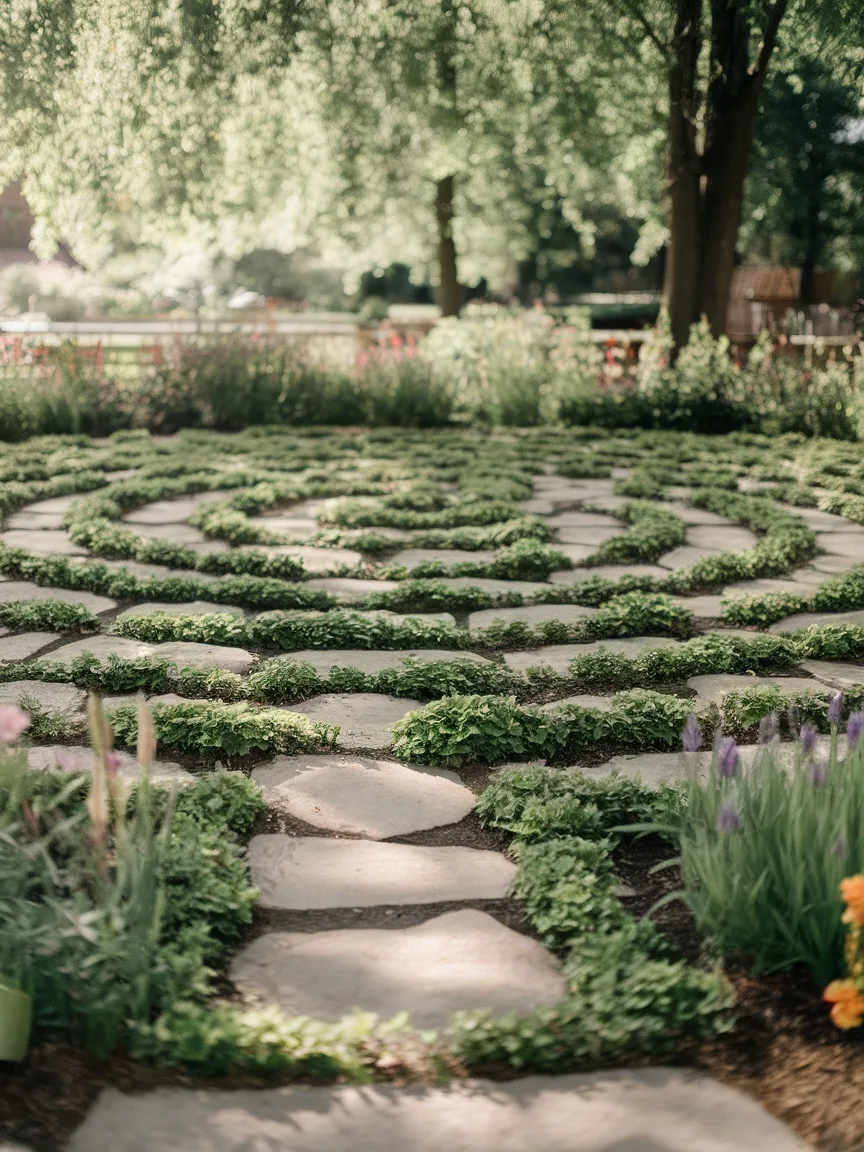 A labyrinth pathway made of stones surrounded by lush greenery and colorful flowers.