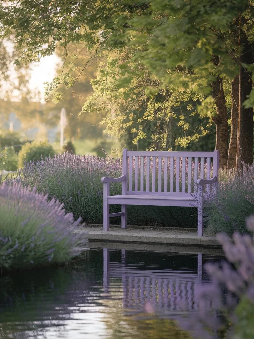 A lavender bench beside a pond surrounded by blooming lavender bushes and green trees.