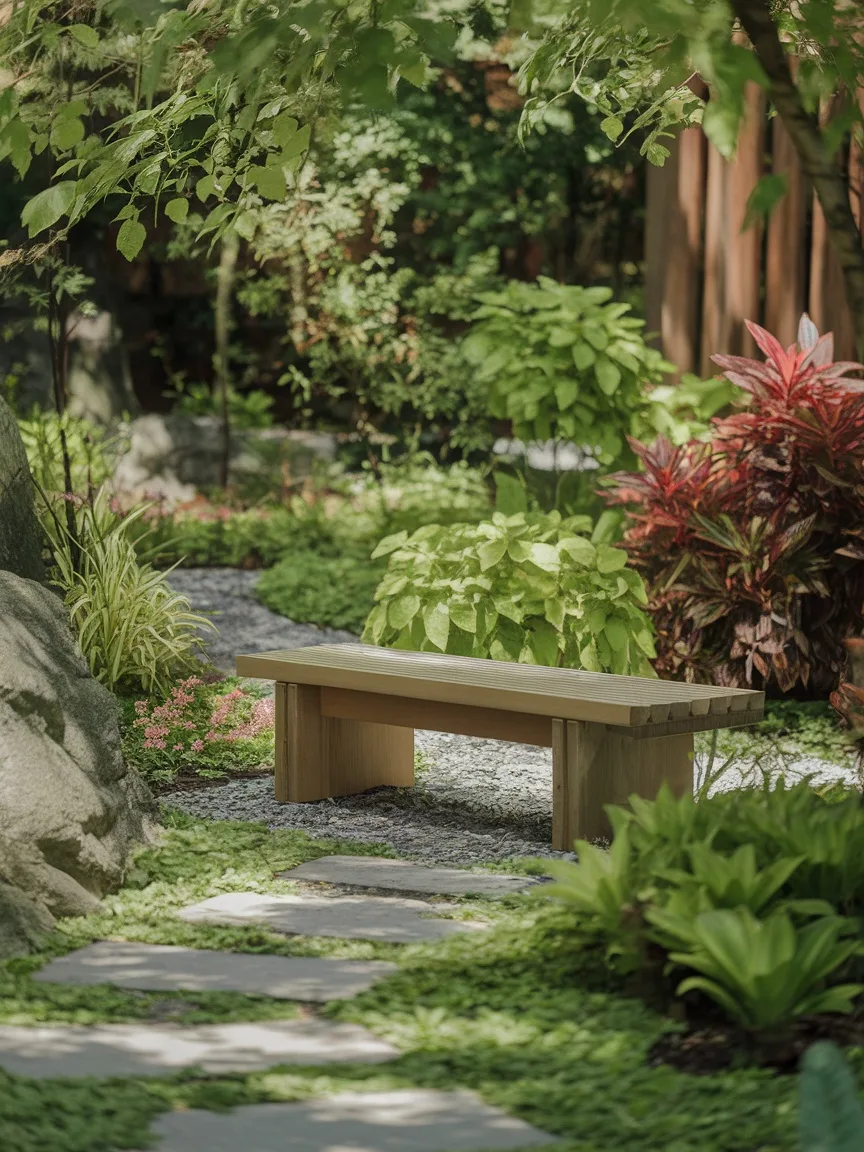 A serene garden scene featuring a wooden meditation bench surrounded by lush greenery and colorful plants.