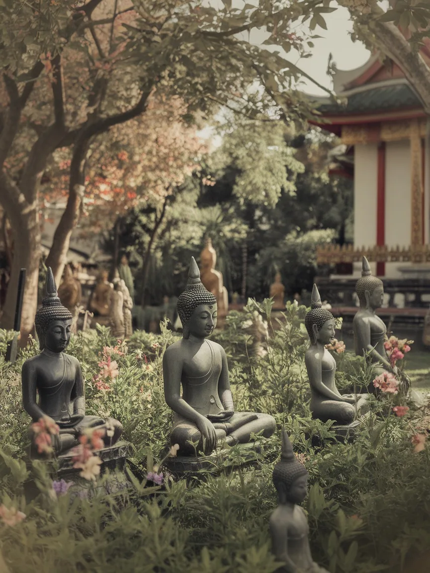 A serene garden filled with Buddha statues surrounded by vibrant greenery and flowers.