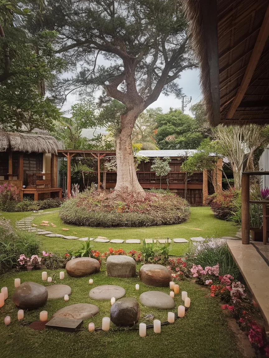 A tranquil garden featuring a prominent tree surrounded by flowers and stones, perfect for spiritual reflection.