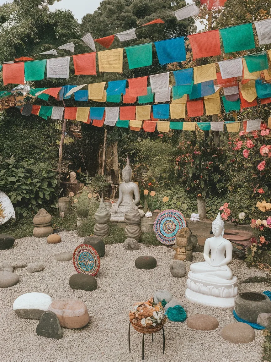 A serene garden with colorful prayer flags, smooth stones, and Buddha statues.