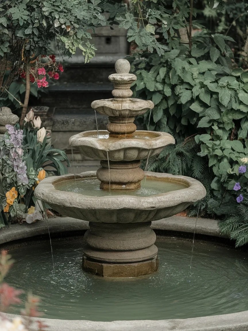 A tiered stone fountain surrounded by greenery and flowers in a garden setting.