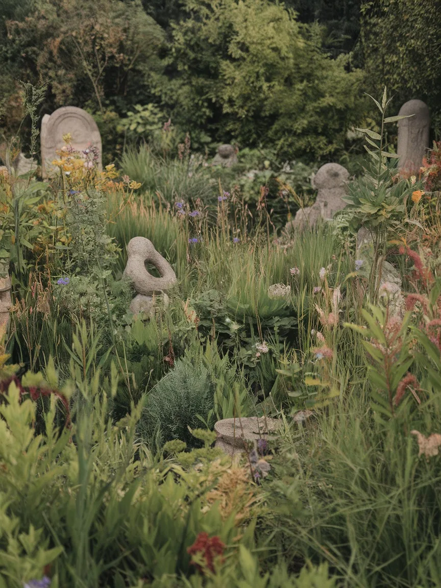 A lush untamed garden featuring vibrant plants and stone sculptures