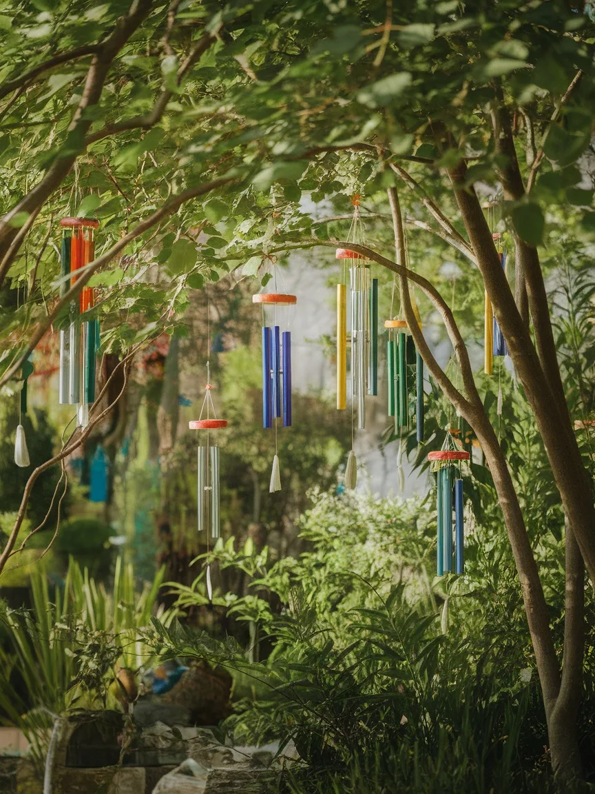 Colorful wind chimes hanging among green leaves in a garden