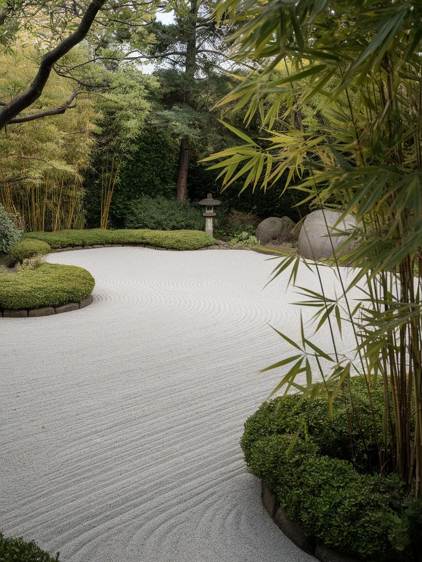 A Zen garden with raked gravel, surrounded by green foliage and a stone lantern.