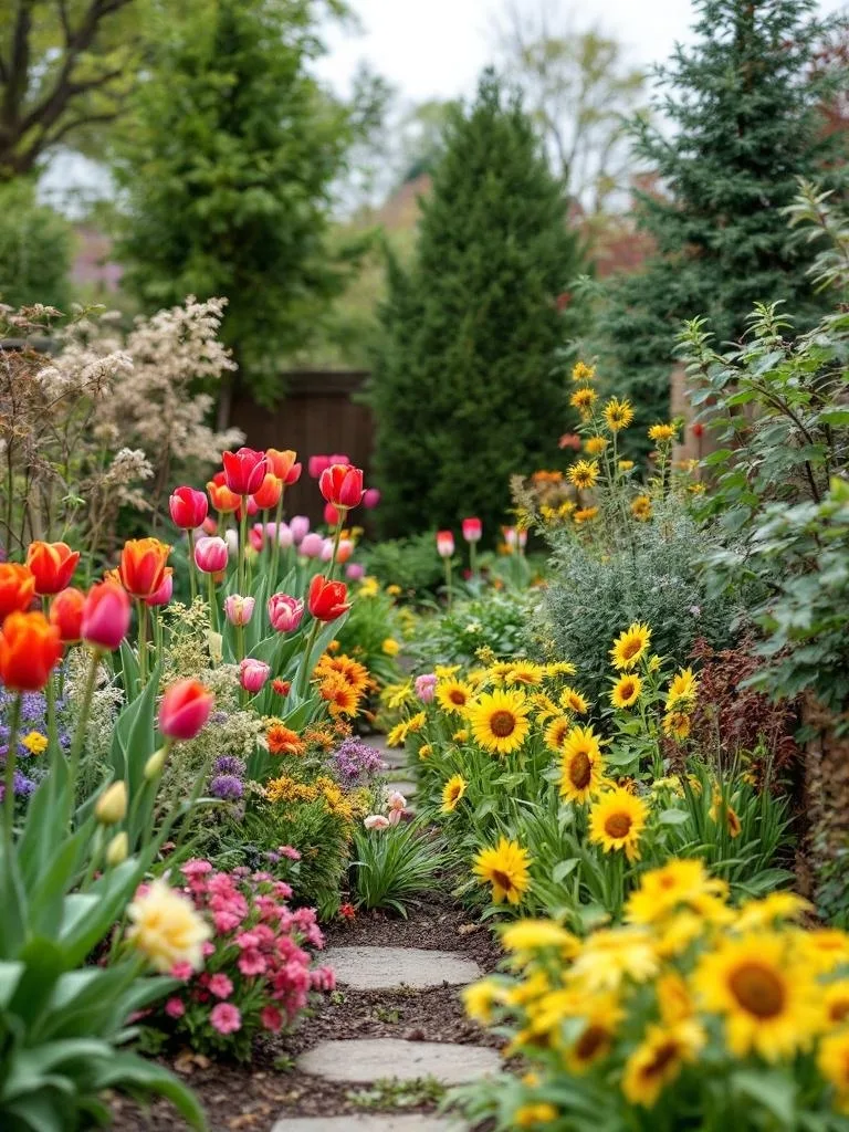 A colorful garden path with tulips, sunflowers, and various flowers lining the sides.