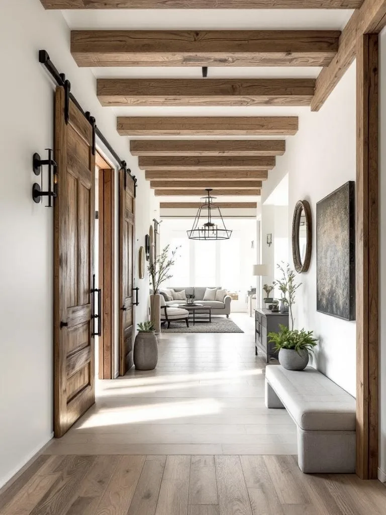 A rustic open-concept entryway featuring wooden beams, double doors, and a cozy seating area.