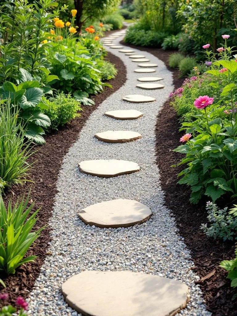 A winding garden pathway made of stone slabs surrounded by lush plants and colorful flowers.