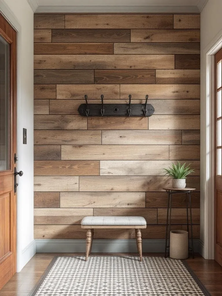Rustic entryway with wooden wall planks, hooks, a bench, and a plant.