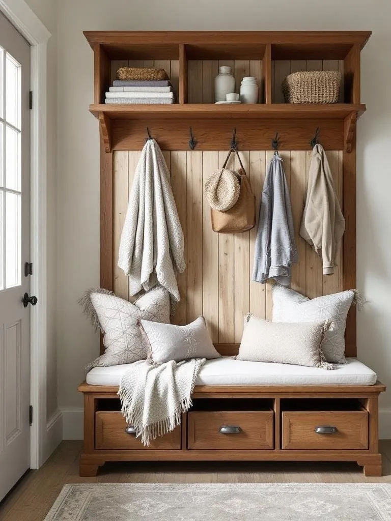 Rustic entryway with a wooden bench, hooks for coats, and decorative items on a shelf.