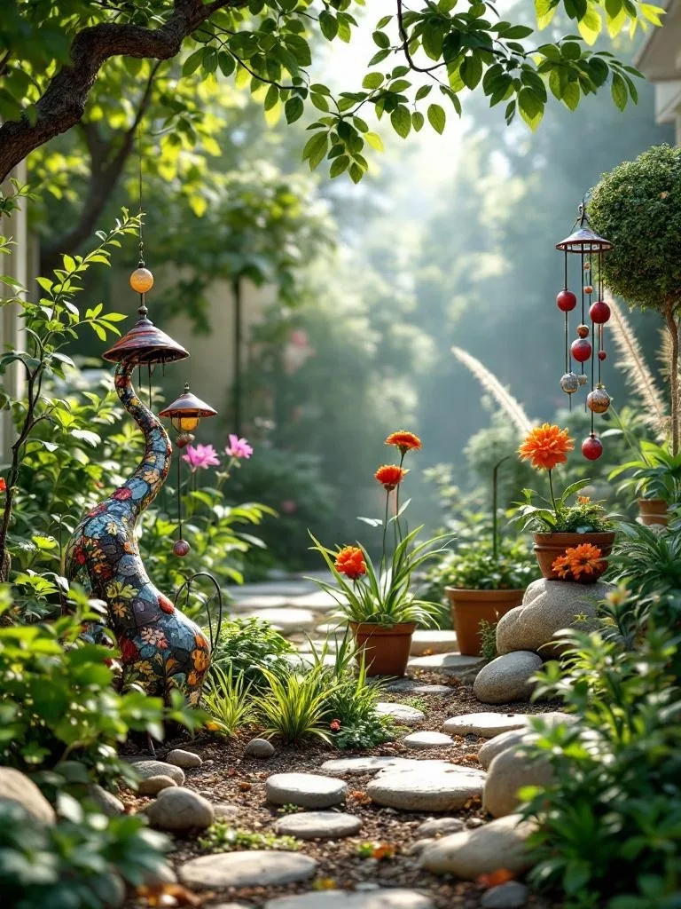 A small garden path with colorful flowers, decorative art, and stones.
