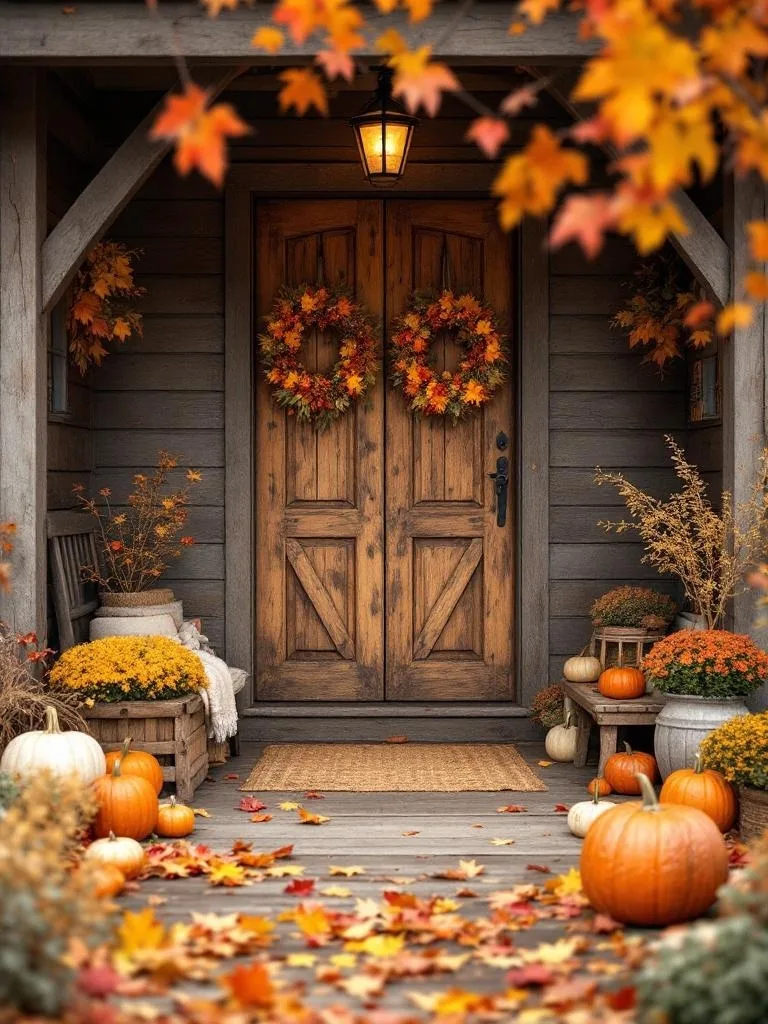A rustic entryway decorated for autumn with wooden doors, wreaths, pumpkins, and colorful leaves.