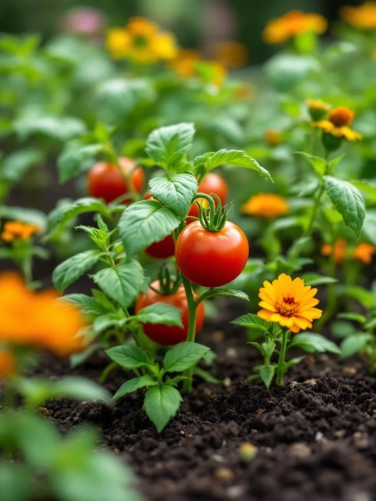 A small garden featuring red tomatoes and yellow flowers, showcasing the concept of companion planting.