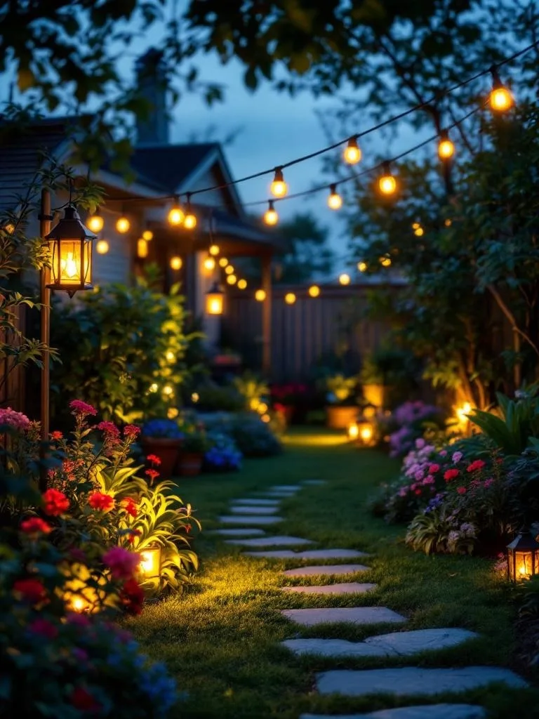 A beautifully lit garden path with lanterns and string lights, surrounded by colorful flowers.