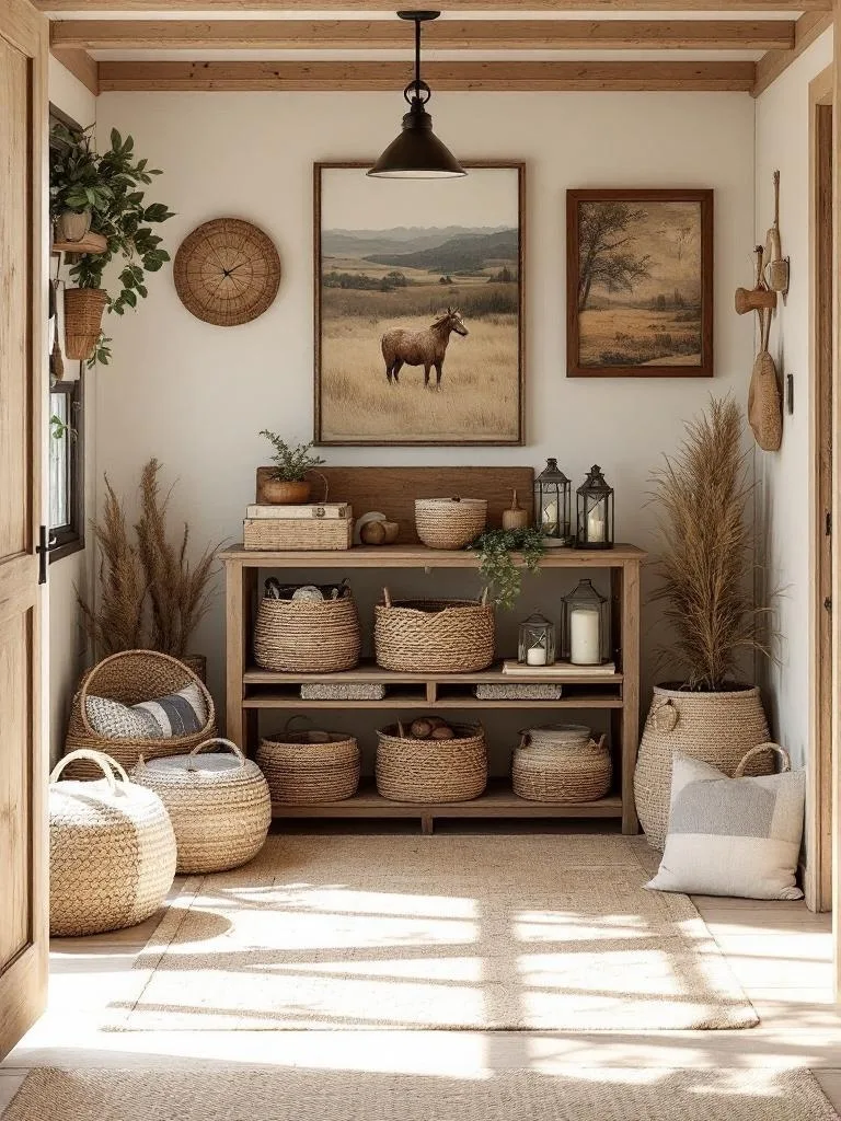 A rustic entryway featuring wooden beams, woven baskets, plants, and landscape artwork.