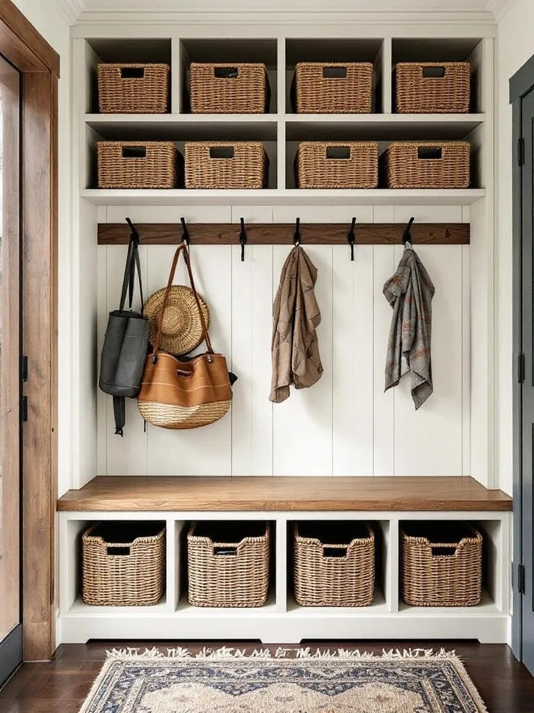 A rustic entryway with open shelving, woven baskets, hooks for bags, and a wooden bench.