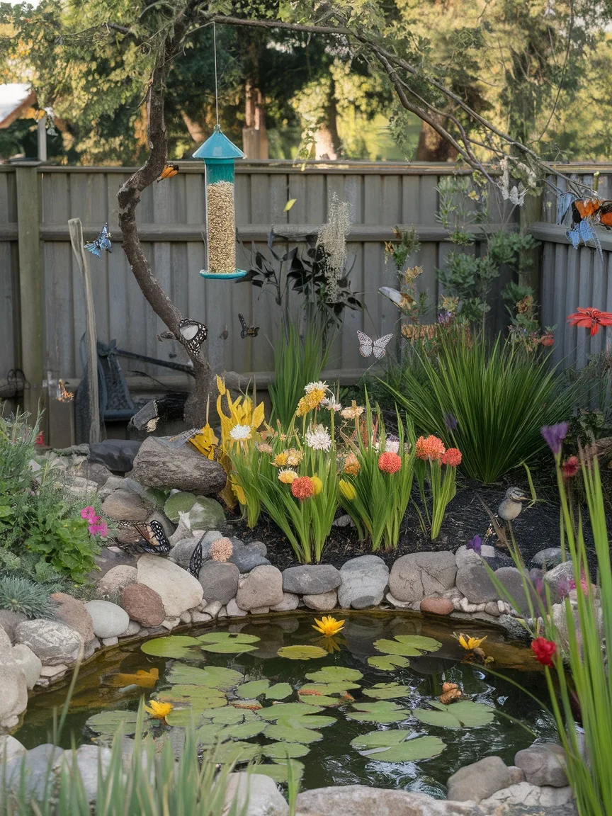 A vibrant garden with a bird feeder, colorful flowers, and butterflies, creating a wildlife-friendly environment.