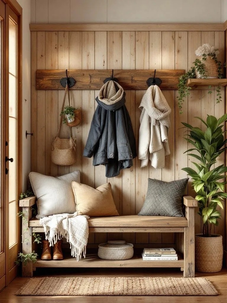 A rustic entryway featuring wooden walls, a bench, and cozy decor.