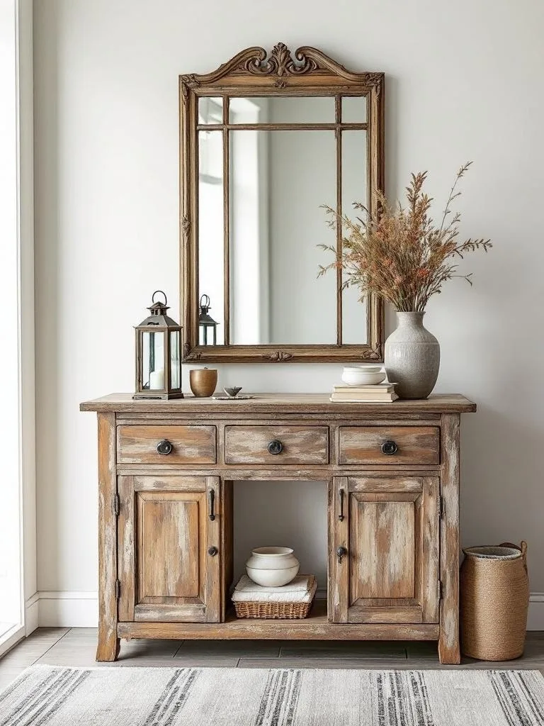 A rustic entryway featuring a vintage console table, mirror, lanterns, and decorative vase.