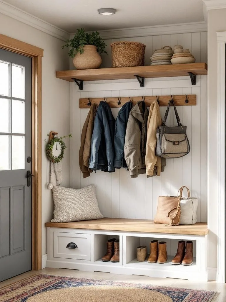 A rustic entryway featuring a wooden bench, hooks for jackets, and decorative baskets.