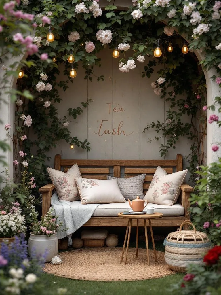 A cozy garden nook featuring a wooden bench with pillows, surrounded by flowers and string lights.