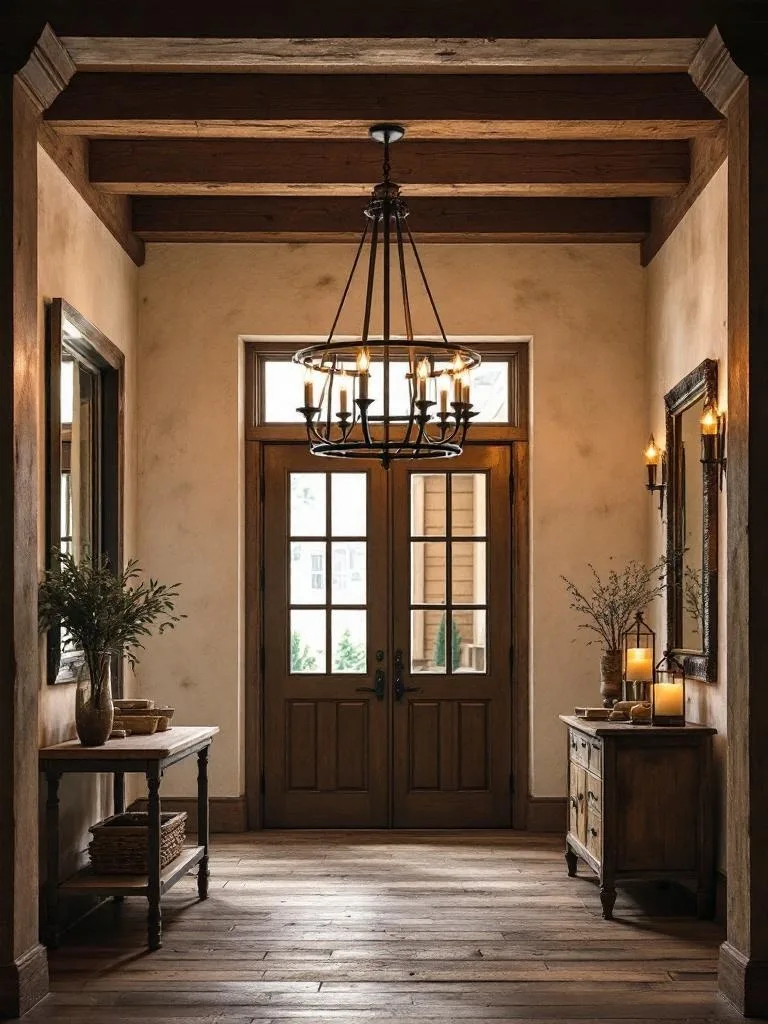 Rustic entryway with a wrought-iron chandelier, wooden beams, and warm lighting.