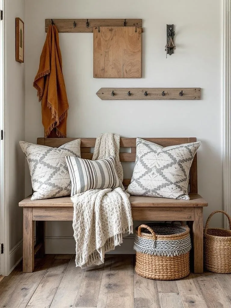 A rustic entryway with a wooden bench, pillows, a throw blanket, and woven baskets.