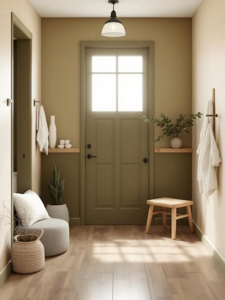A rustic entryway featuring a green door, neutral walls, wooden accents, and minimal decor.