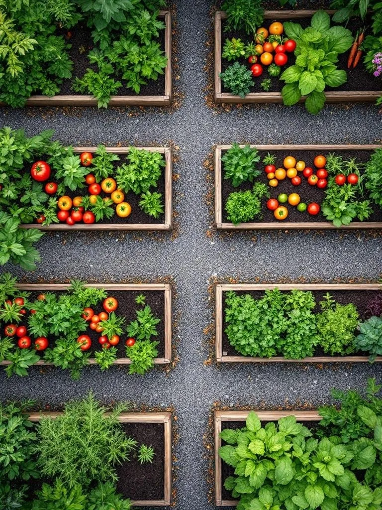 An aerial view of several raised garden beds filled with various vegetables and herbs, organized with pathways in between.