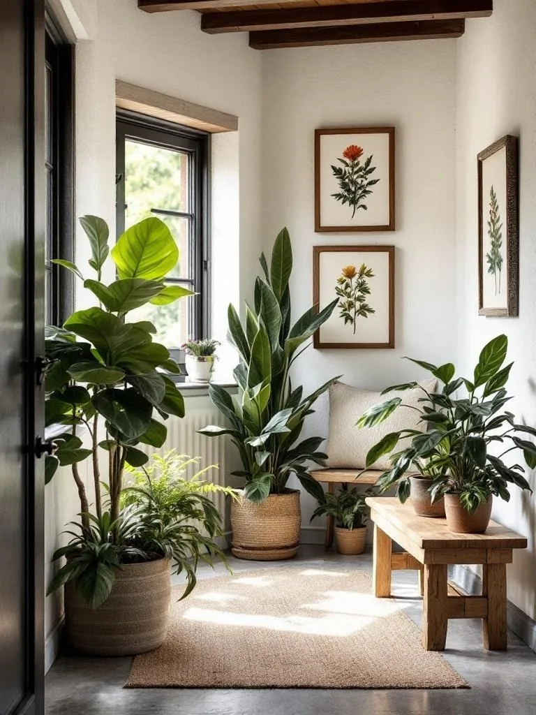A rustic entryway featuring various indoor plants, a wooden bench, and botanical prints on the walls.
