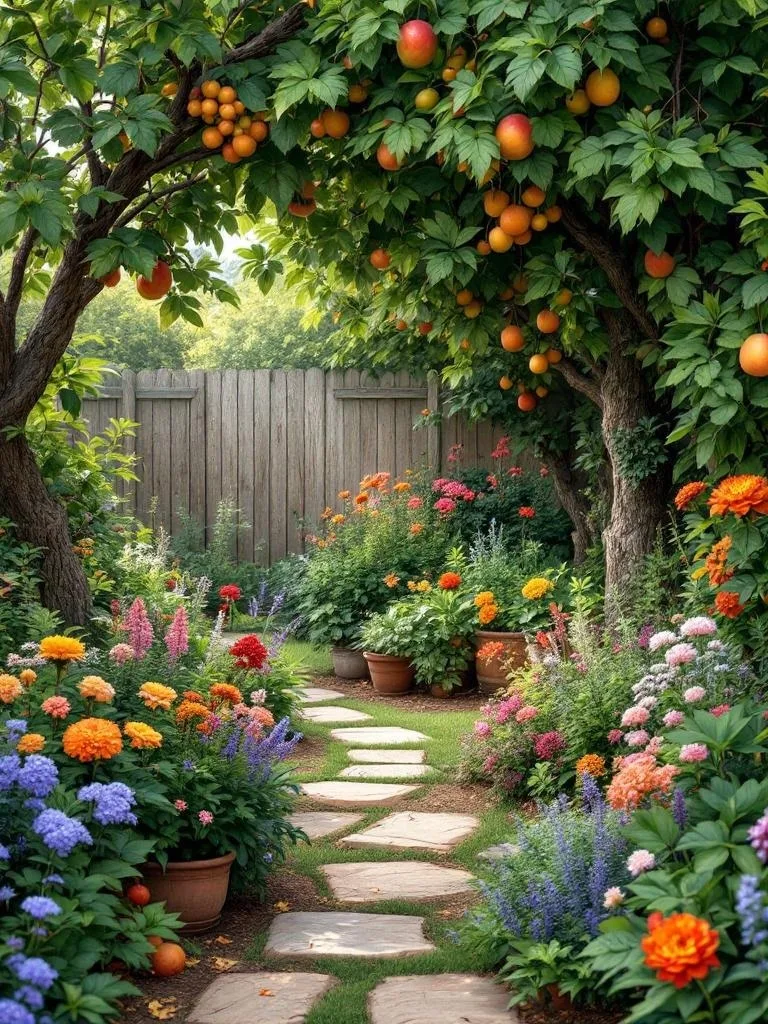 A small garden pathway surrounded by colorful flowers and fruit trees with oranges.