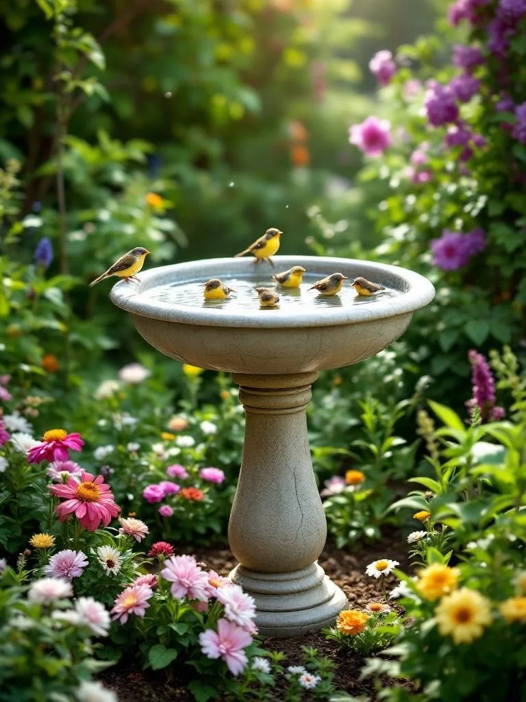 A birdbath surrounded by colorful flowers with birds bathing in it.