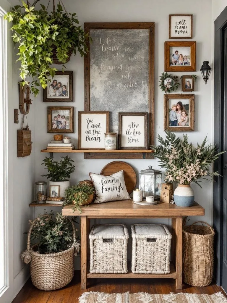 A rustic entryway featuring a wooden table, framed family photos, decorative plants, and woven baskets.