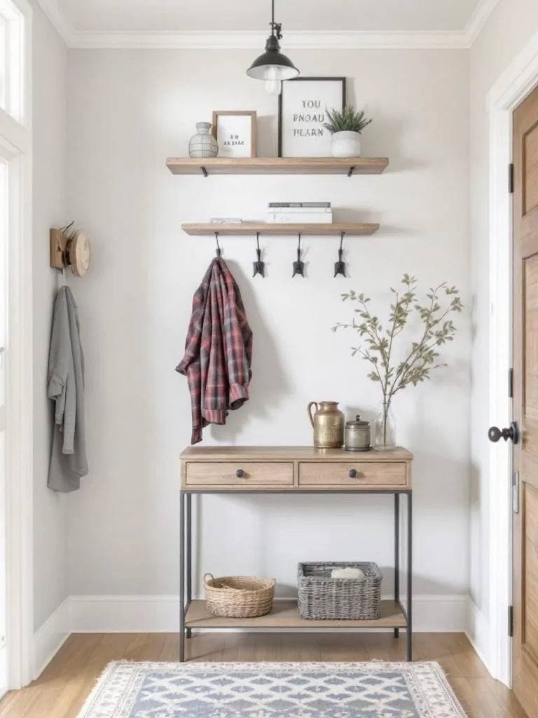 A rustic entryway featuring a wooden console table, shelves, hooks, and a cozy rug.