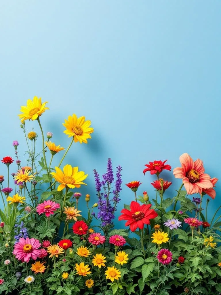 A vibrant display of colorful flowers in front of a blue background.