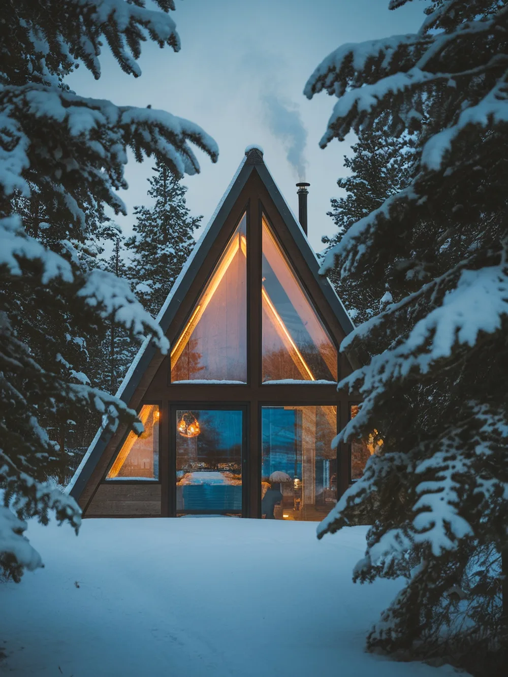 A cozy A-frame micro home in a snowy landscape, surrounded by trees.
