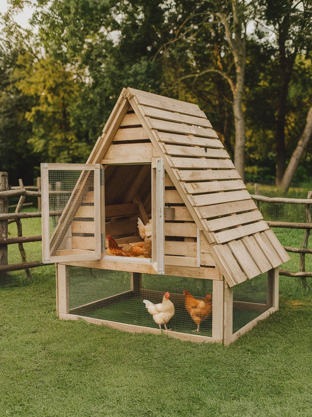 A-frame pallet chicken coop with chickens outside