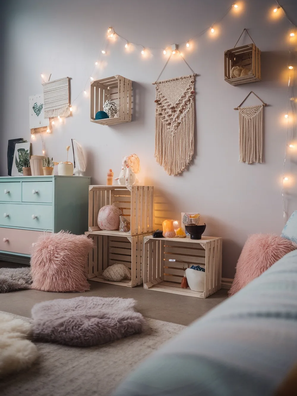 A cozy teen girl bedroom with pastel colors, wooden crates, fairy lights, and fluffy cushions.