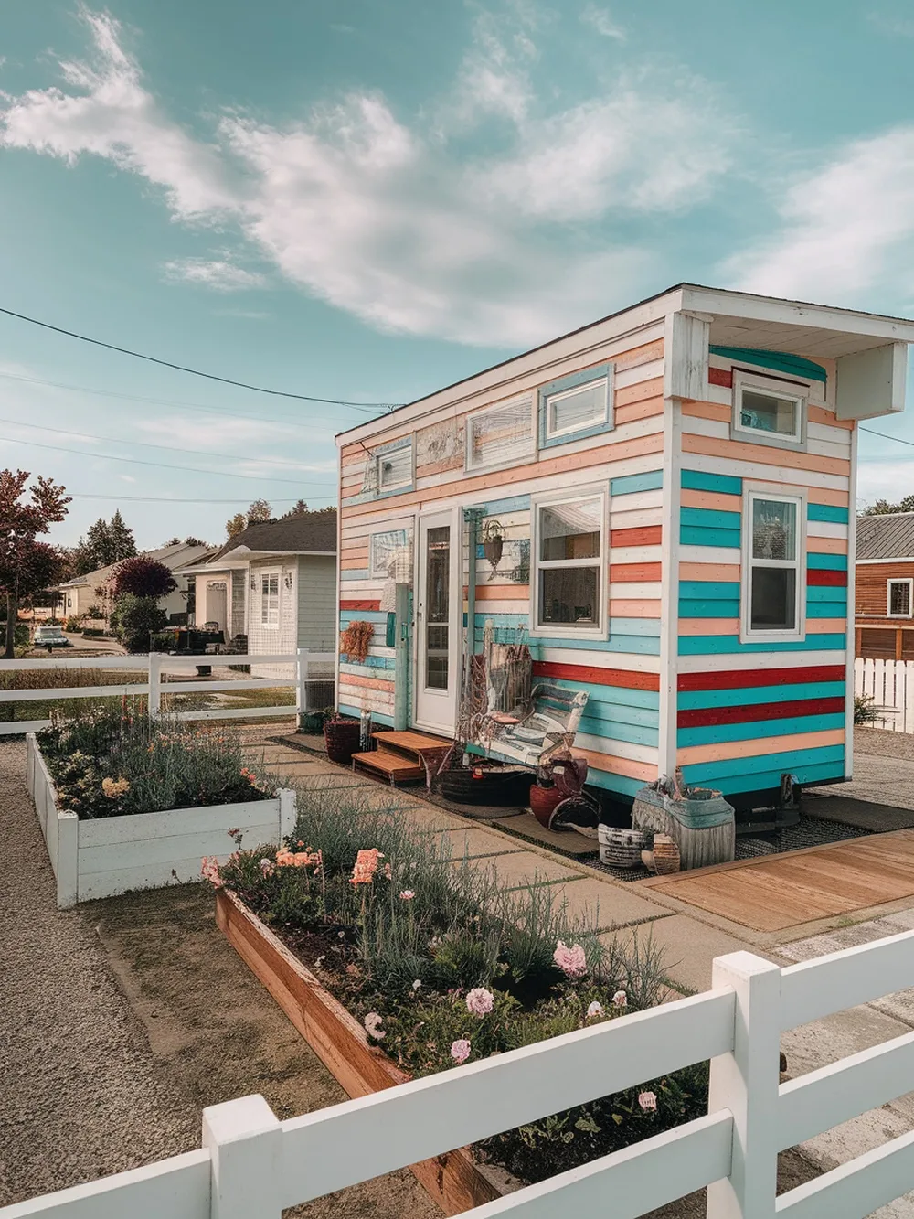 A colorful tiny house with striped exterior and flower beds in front