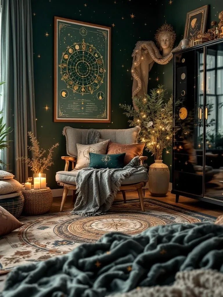 A cozy bedroom with celestial decor, featuring starry tapestries, plush pillows, and candles.