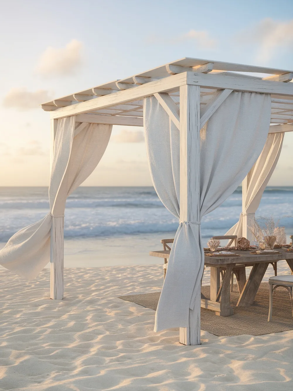 Beachside pergola with whitewashed wood and flowing fabric, overlooking the ocean