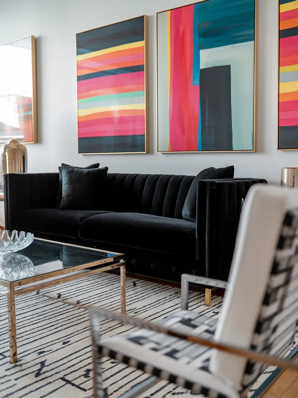A stylish living room featuring a black couch and vibrant artwork on the wall.