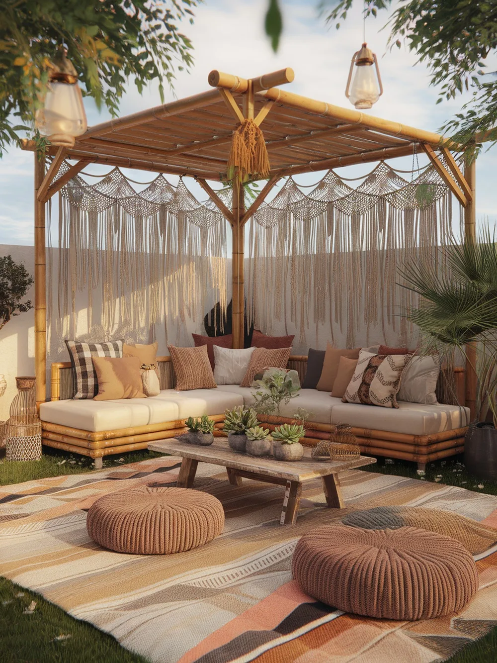 A cozy Bohemian pergola lounge with bamboo structure, macramé details, plush seating, and warm lighting.