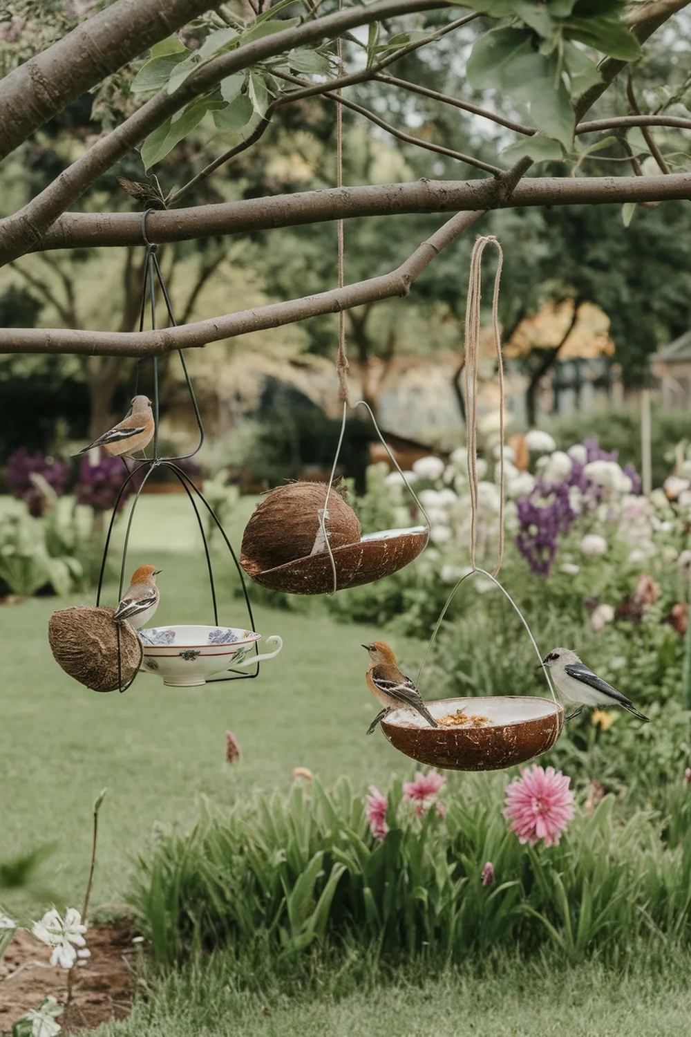 Boho bird feeders made from upcycled materials hanging from a tree with birds perched on them.