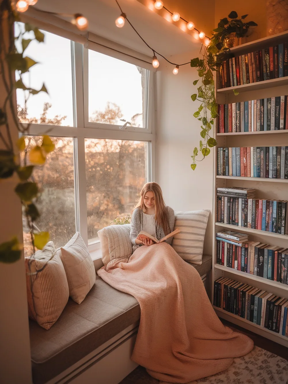A cozy reading nook with a girl sitting on a window seat, surrounded by books and soft cushions, illuminated by string lights.