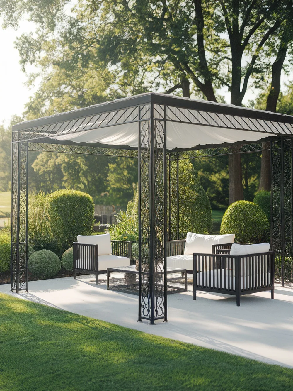 Chic black and white pergola with comfortable seating and lush greenery