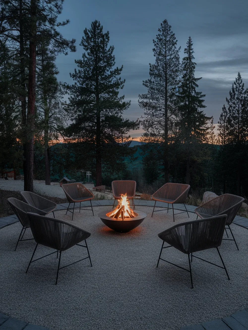 A circular patio with a fire pit surrounded by chairs on a gravel base, set in a natural landscape with trees.